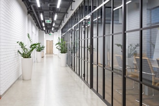 white hallway with glass windows