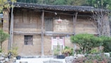 A rustic house made of clay and wood with visible cracks on its walls. The roof is made of dark tiles and a red lantern hangs near the entrance. The surrounding area is filled with various potted plants and shrubs. A bare tree stands on the right side, and there is a small window with metal bars.