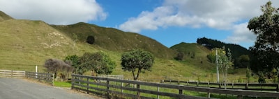 A rural landscape featuring rolling green hills under a partly cloudy blue sky. Wooden fences line a path, and there are scattered trees and shrubs throughout the scene. A sense of open space and natural beauty dominates the view.