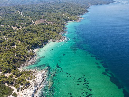 An aerial view of a beach and a body of water — Halkidiki, Greece