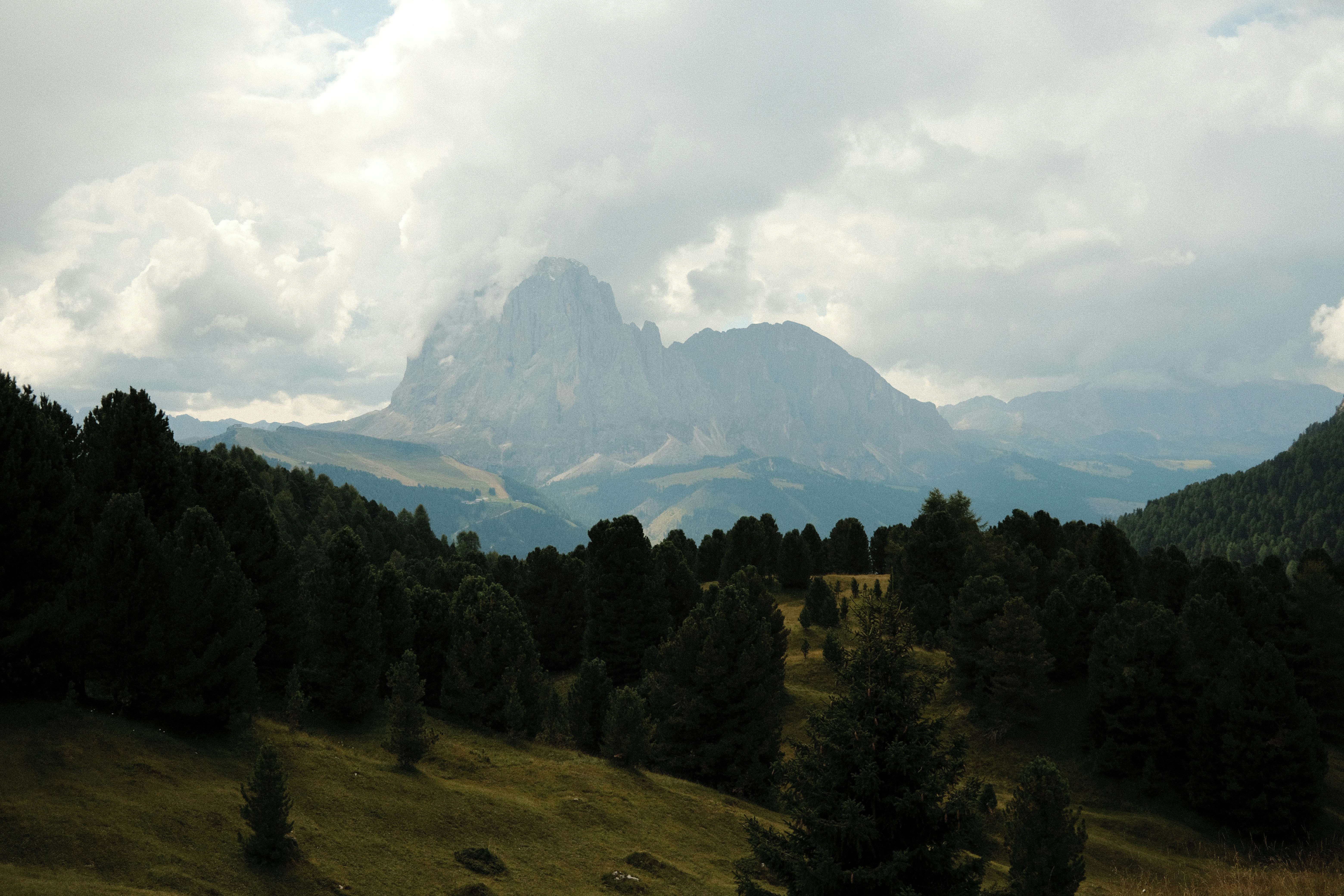 Blick auf eine Bergkette mit Bäumen im Vordergrund