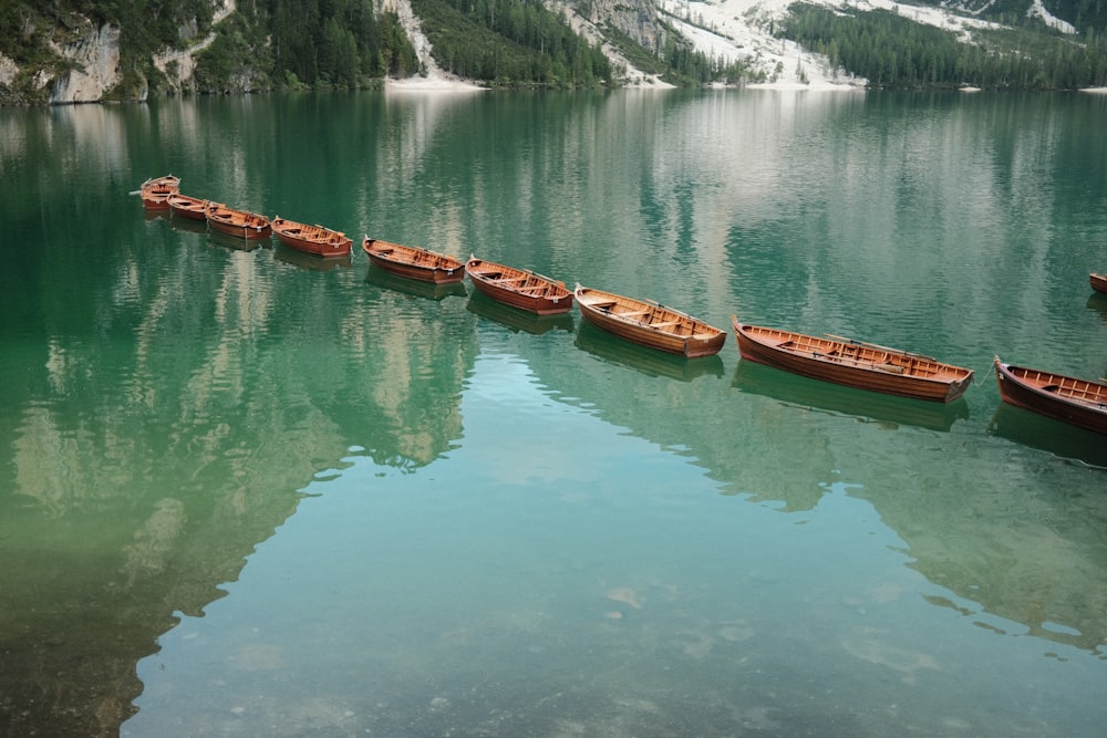 brown wooden boats on lake during daytime