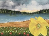 A vibrant landscape painting depicting a large yellow flower in the foreground, bordered by a field of wildflowers in various colors. A sandy beach separates the flowers from a calm lake, reflecting the sky above. Dense, green trees line the horizon under a sky filled with thick, dramatic clouds and hints of a sunset.