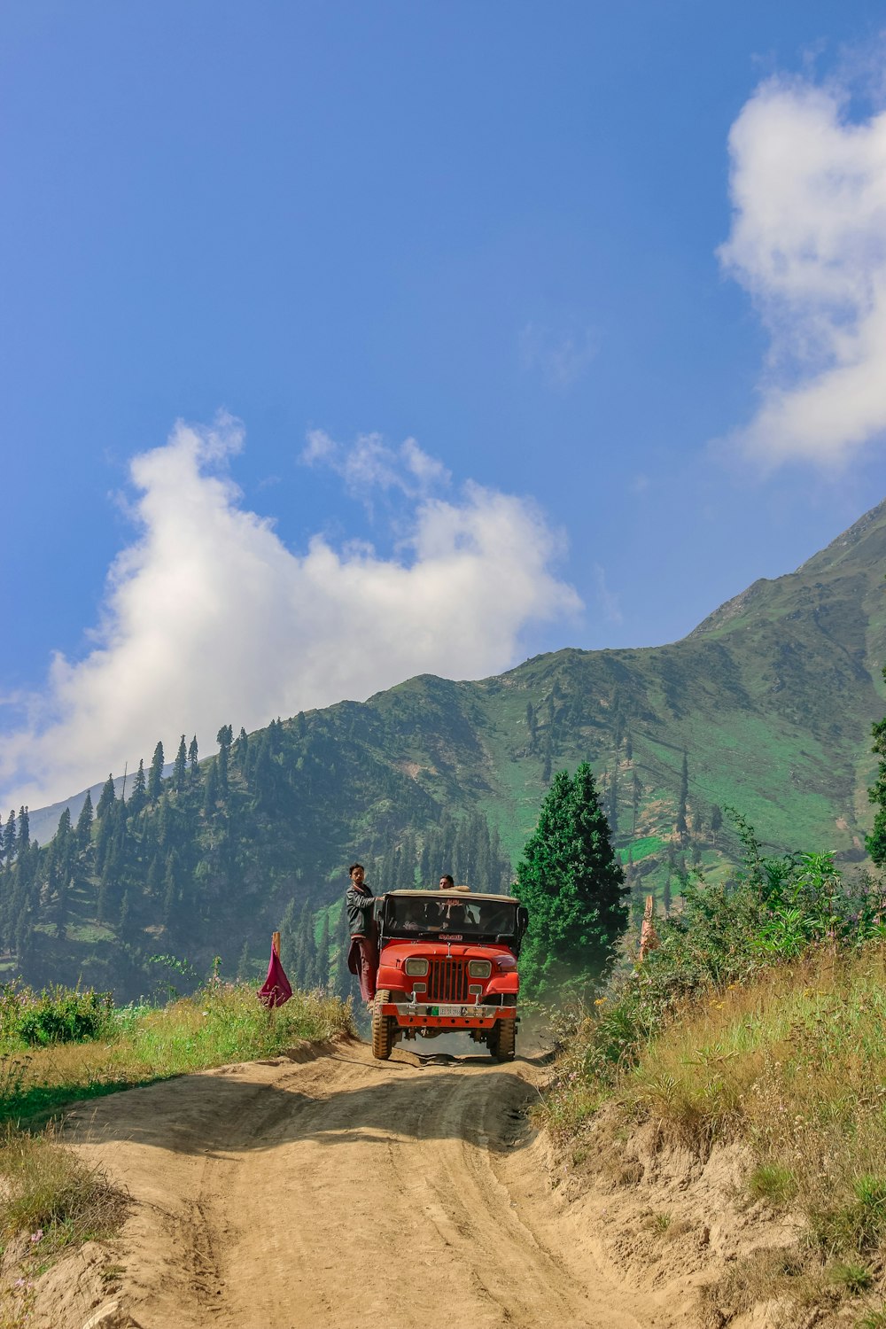red truck on green grass field near mountain under blue sky during daytime
