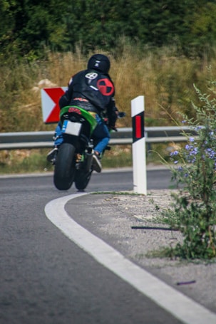 A motorcyclist riding on a curvy road with greenery in the background. The rider is wearing a black helmet and dark-colored jacket with noticeable symbols on the back. The motorcycle is green with a noticeable rear tire. Road signs and a guardrail are also visible on the side of the road, with some vegetation nearby.