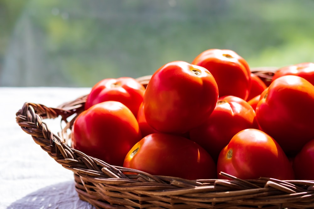 red tomatoes on brown woven basket