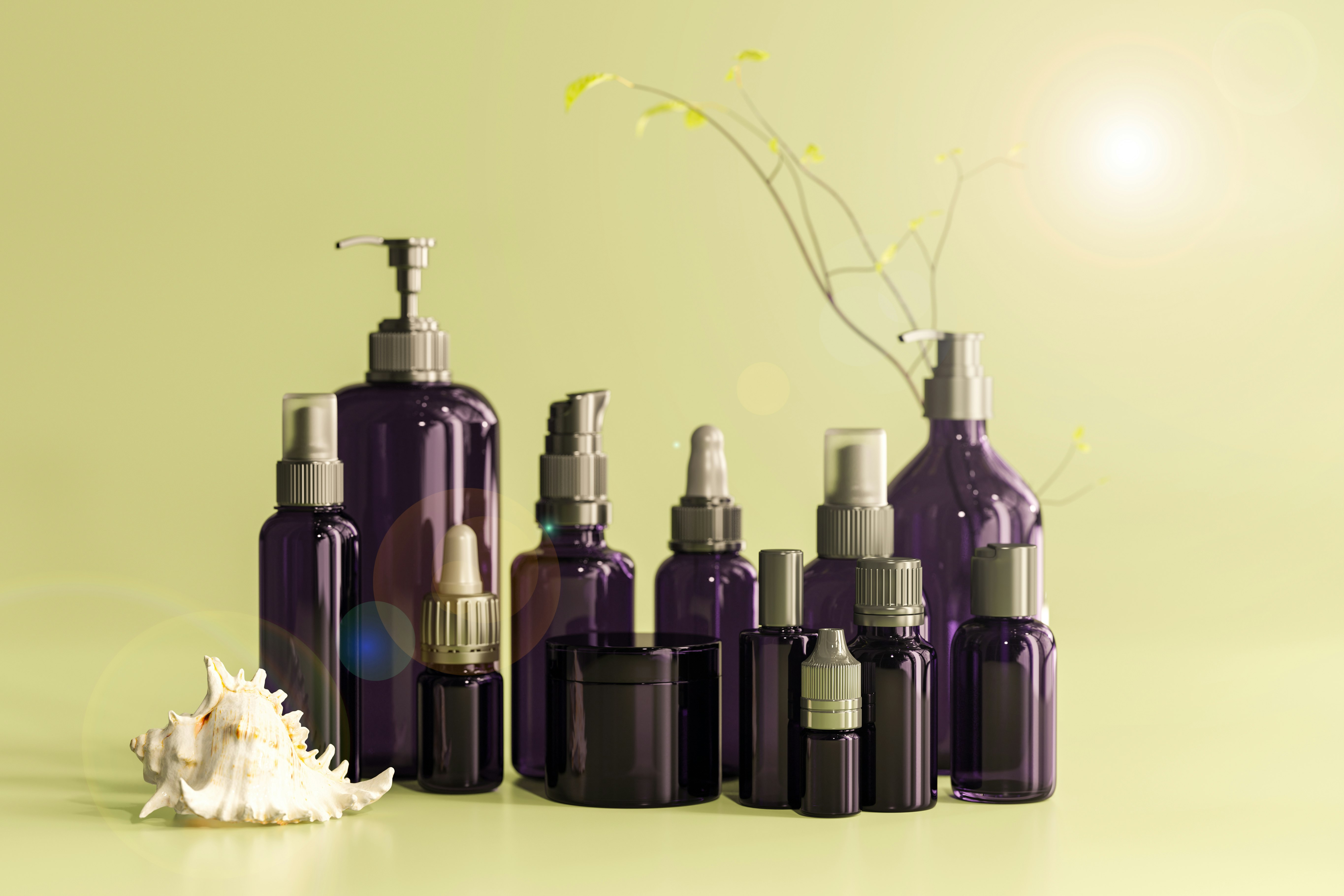 black and purple bottles on white surface