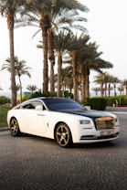 A luxury white Rolls Royce car is parked on a cobblestone road lined with tall palm trees. The car has a sleek design with a glossy black roof and shiny chrome accents. The background includes neatly trimmed bushes and a clear sky, suggesting a warm climate.