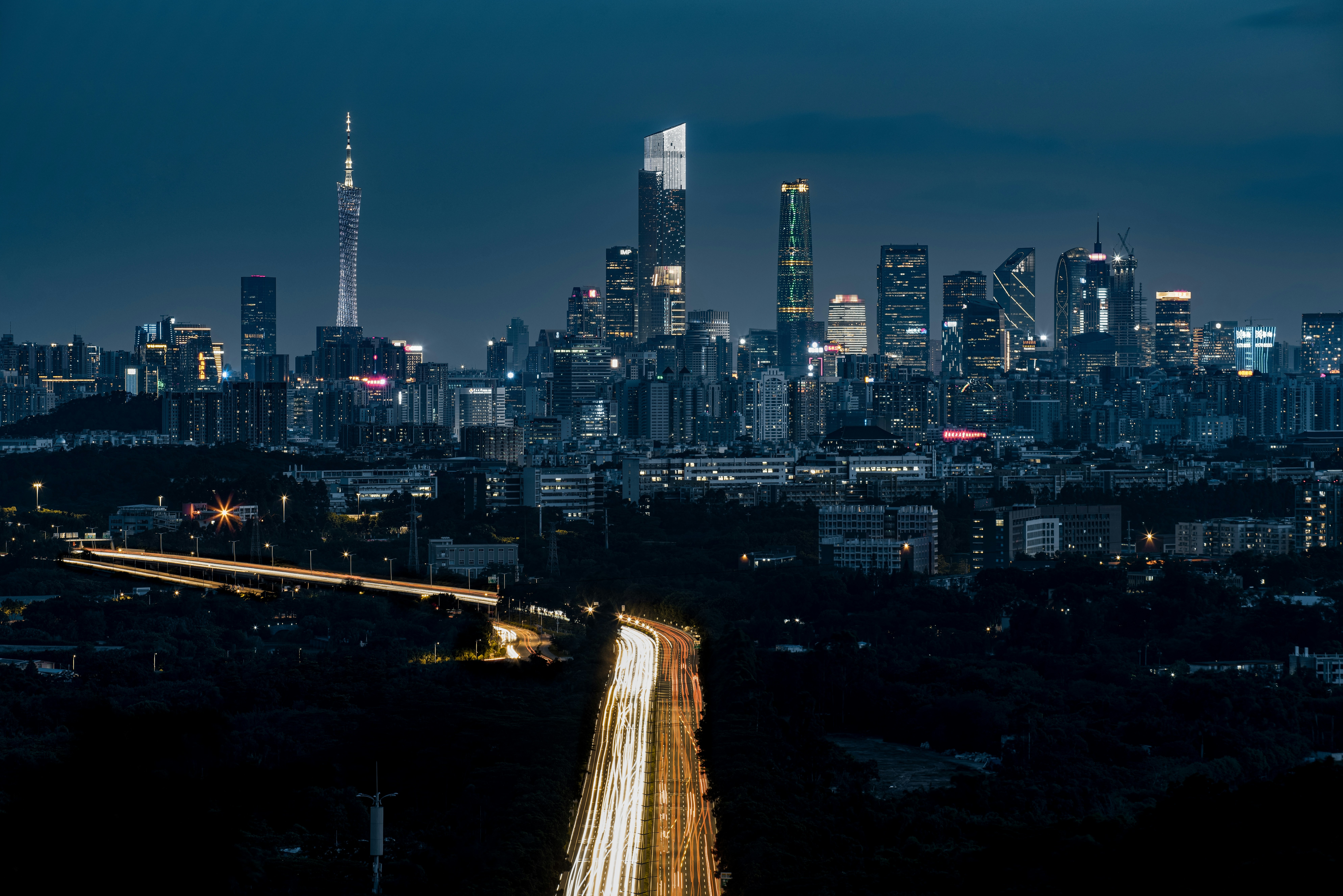 city skyline during night time