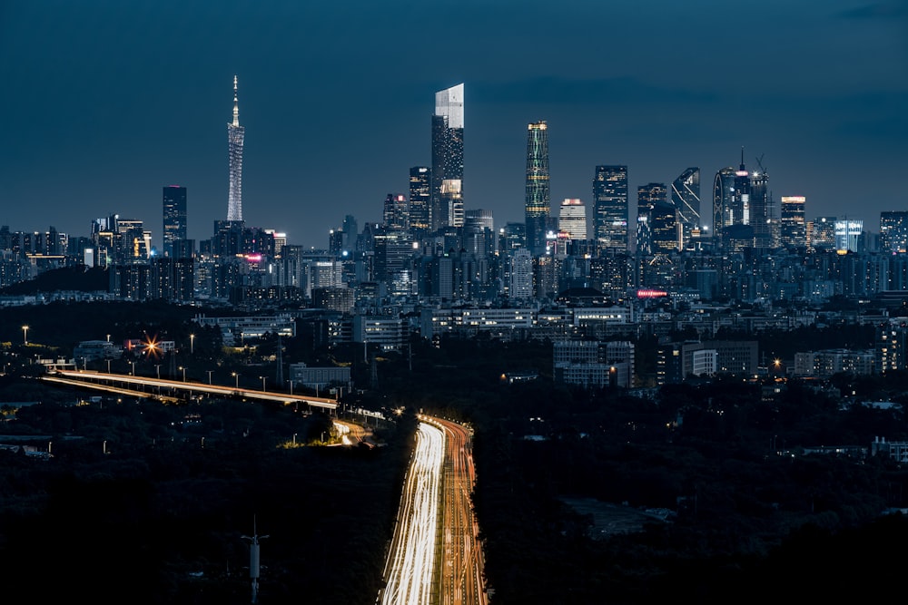 city skyline during night time