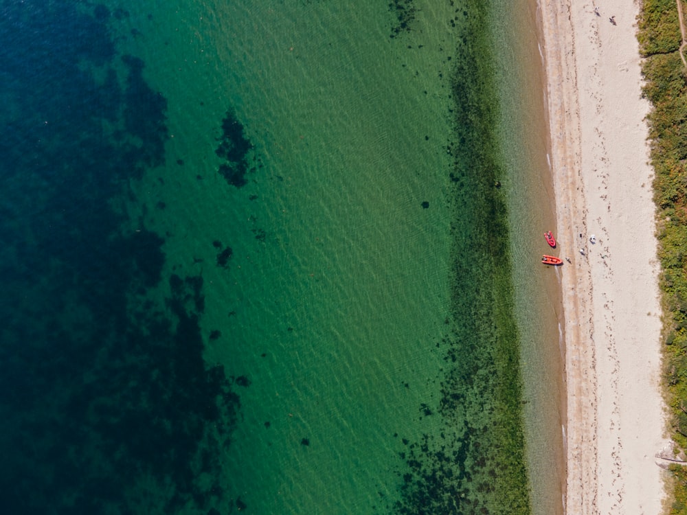 an aerial view of a beach and a body of water