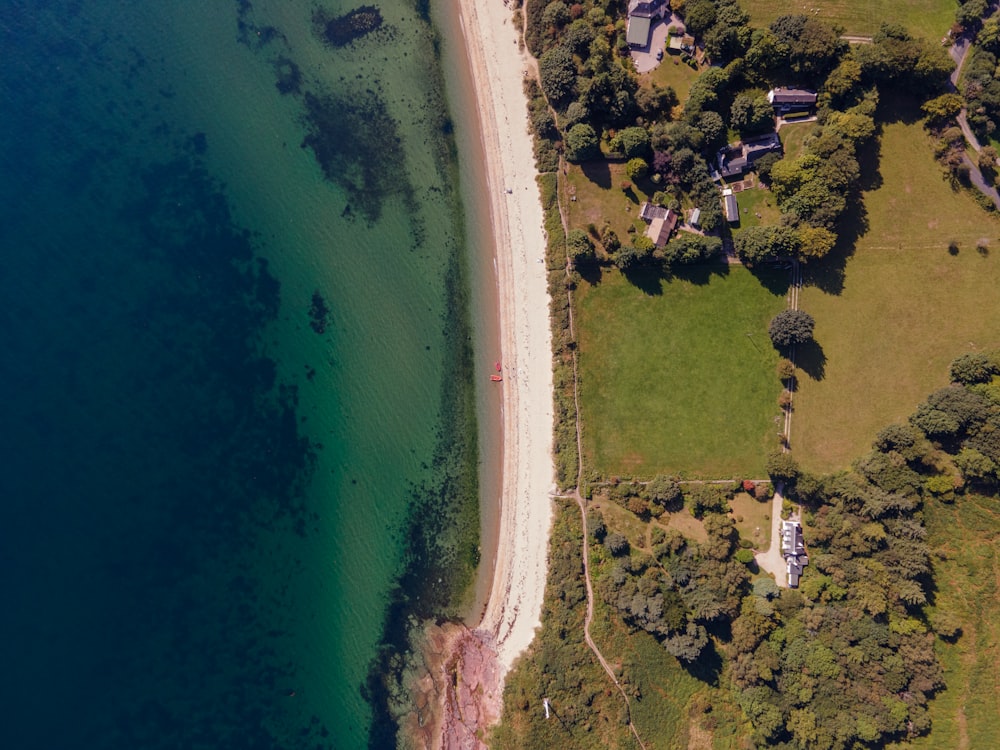 an aerial view of a beach and a body of water