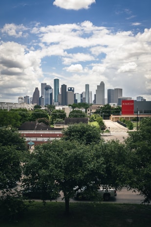 green trees near city buildings under white clouds during daytime