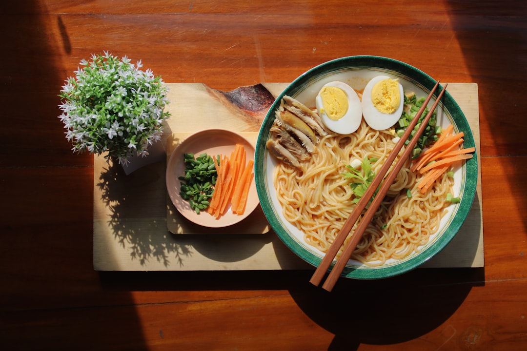 noodle dish on white ceramic bowl