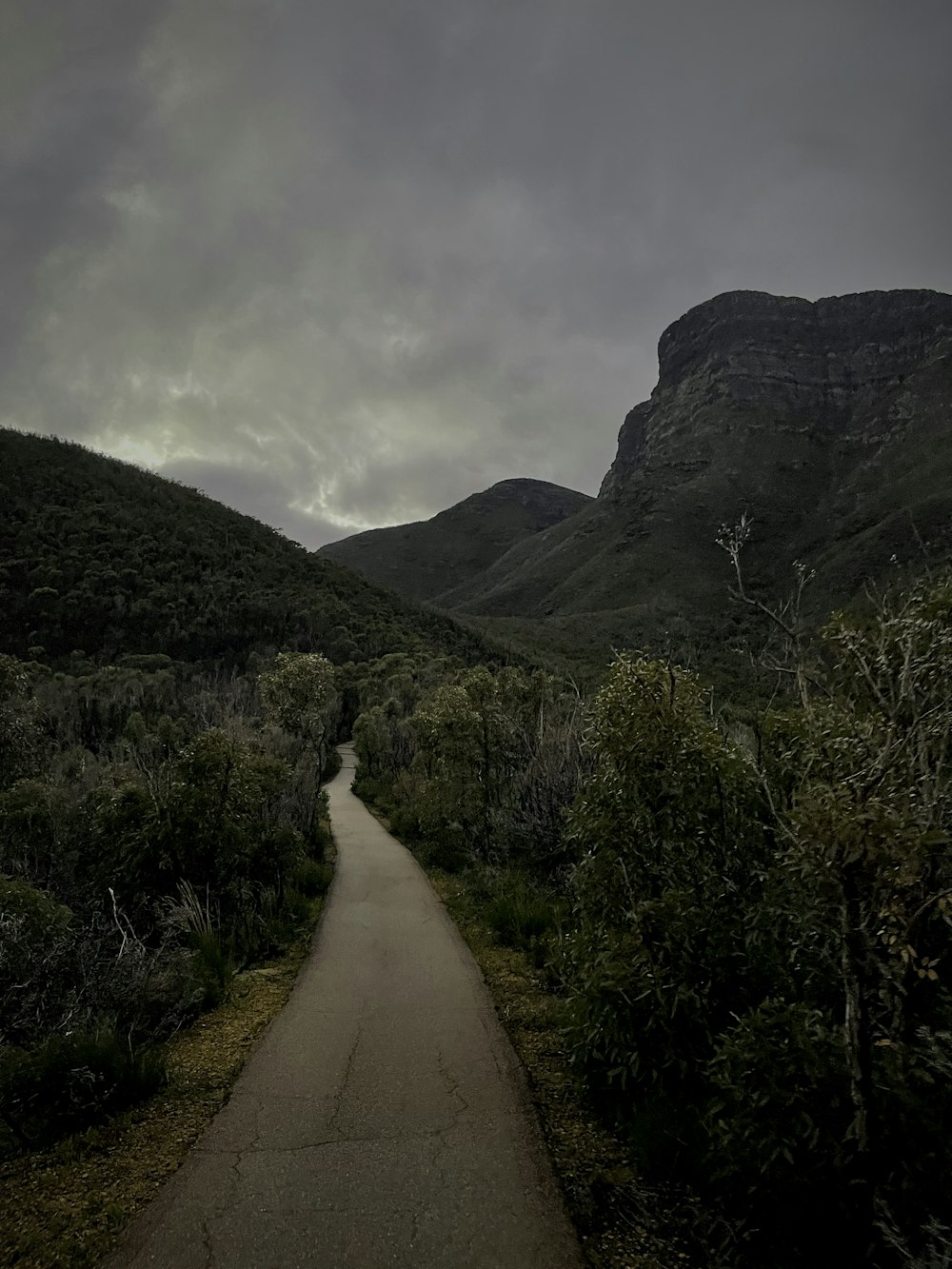 Carretera de hormigón gris entre la hierba verde y la montaña bajo el cielo gris