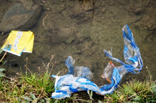 Discarded plastic wrappers and trash visible near a muddy water body with some greenery and grass at the edge.