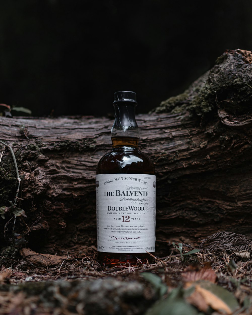 white labeled bottle on brown dried leaves