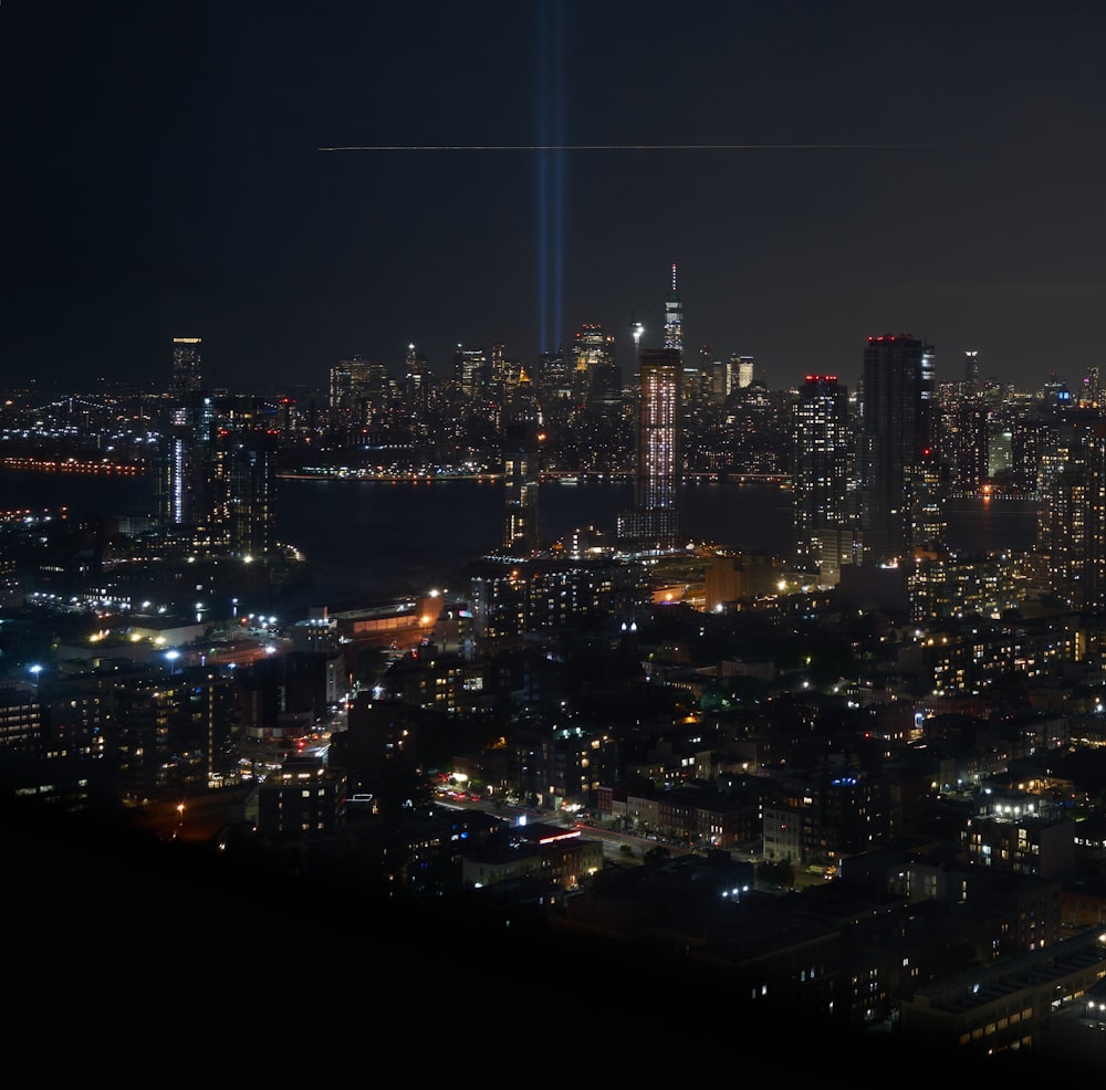 city skyline during night time