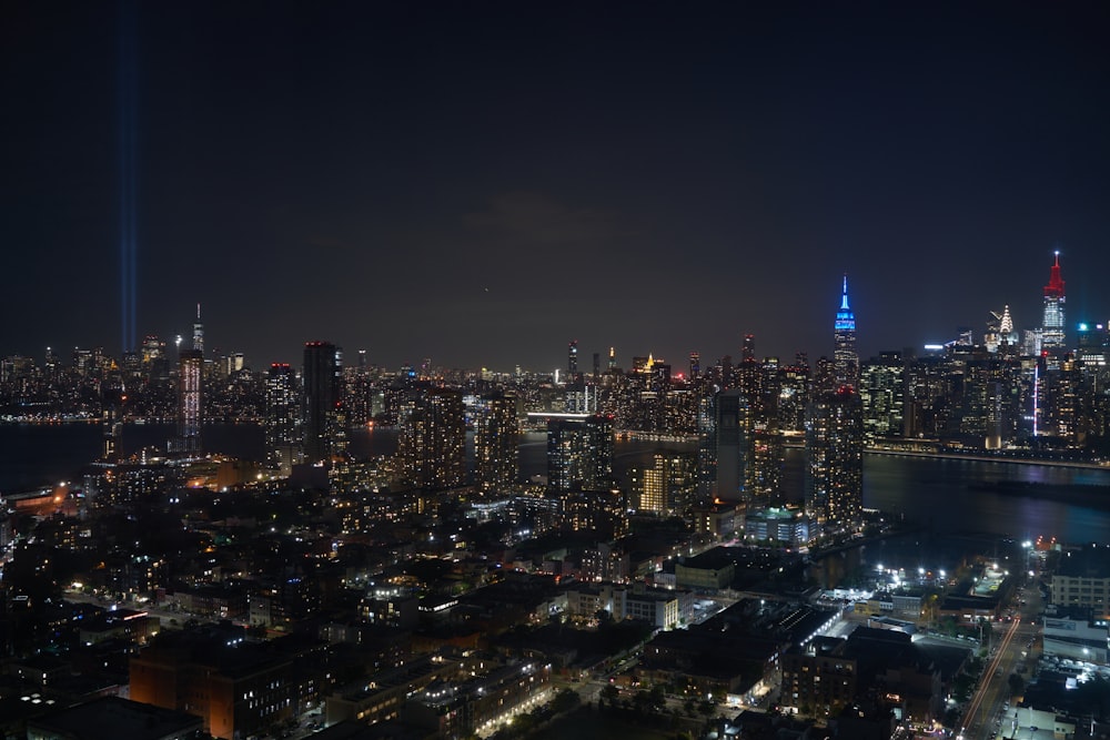 city skyline during night time