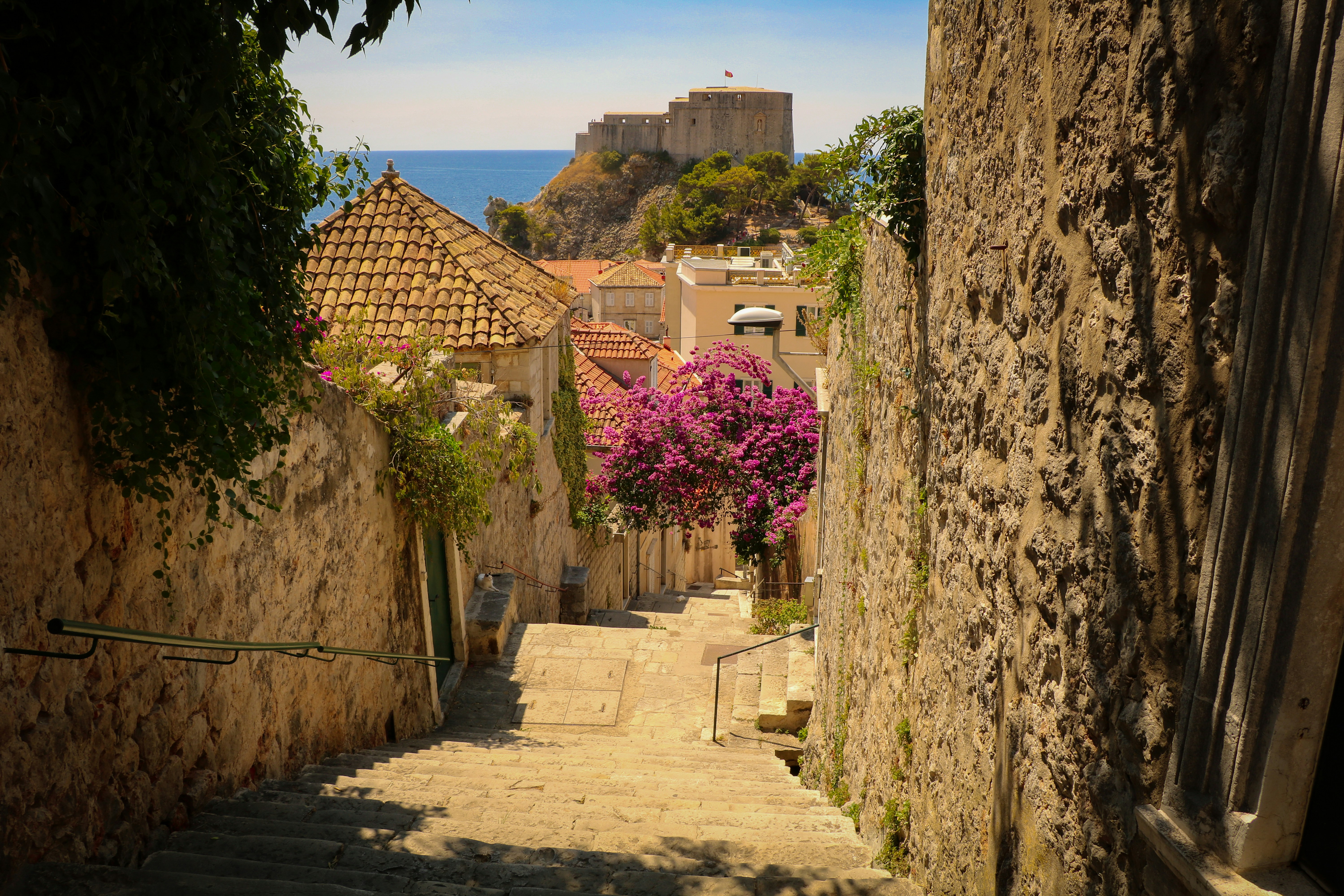 Brown concrete building near pink flowers during daytime