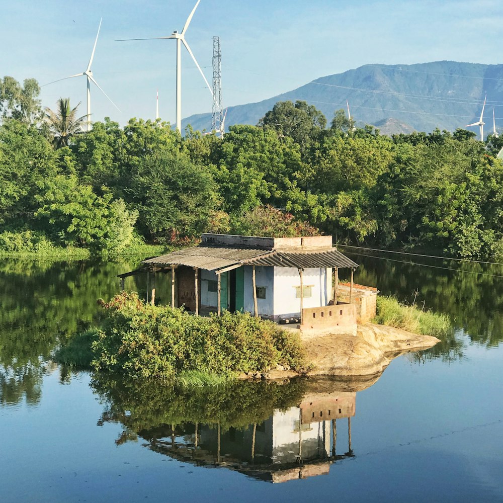 casa branca e marrom perto de árvores verdes e lago durante o dia