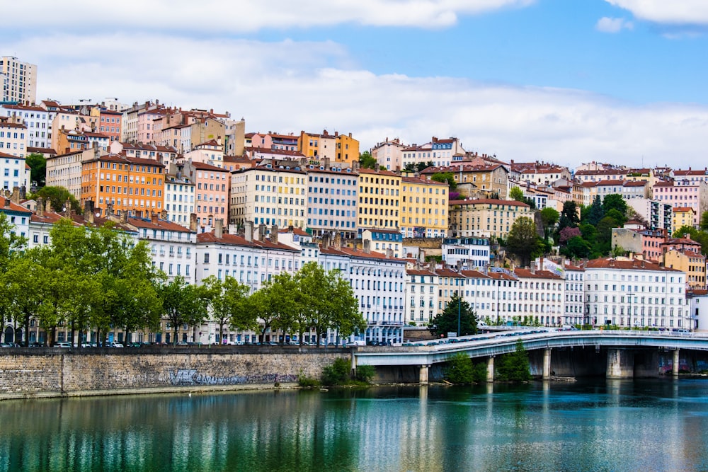 a river running through a city next to a bridge