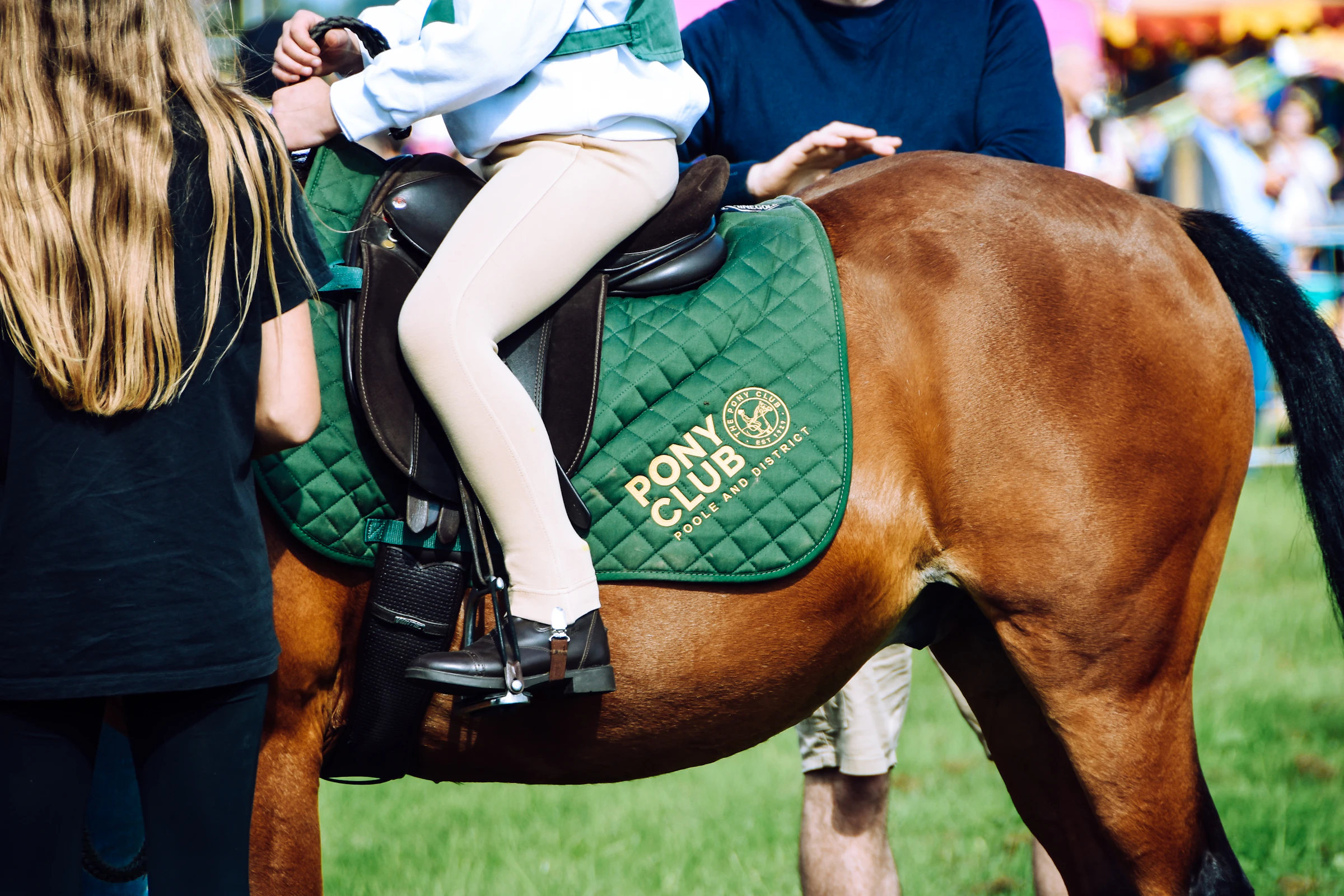 A young rider on a bay horse during a supervised lesson
