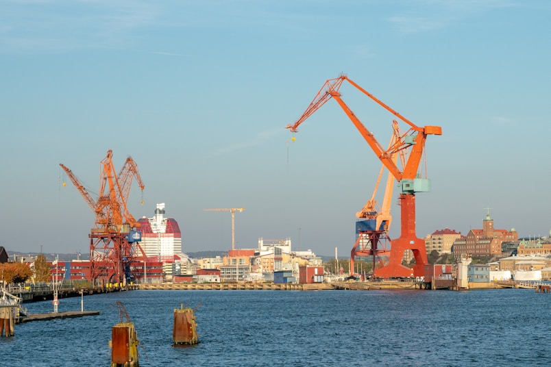 red and white crane near body of water during daytime