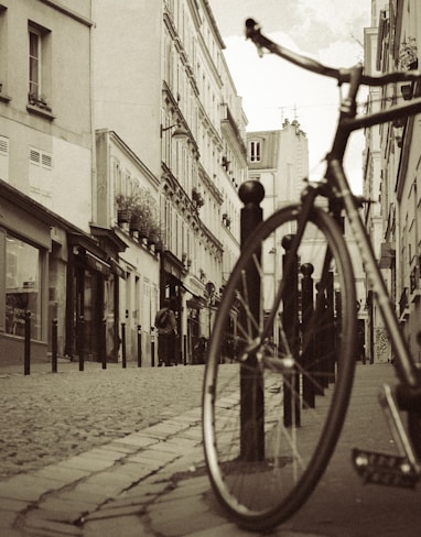 a bicycle is parked on a cobblestone street