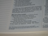 A close-up view of a page in a book, likely religious or historical in nature, detailing the descendants of Levi. The page includes numbered verses and footnotes at the bottom.