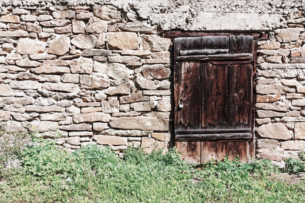 brown wooden door on gray concrete wall