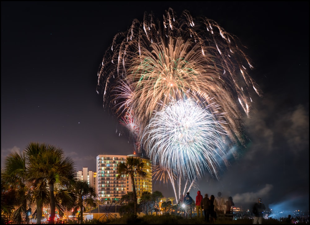 fireworks display over city buildings during night time