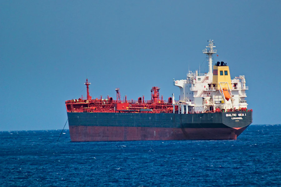 Red and white tanker vessel MT Baltic Sea I underway at sea