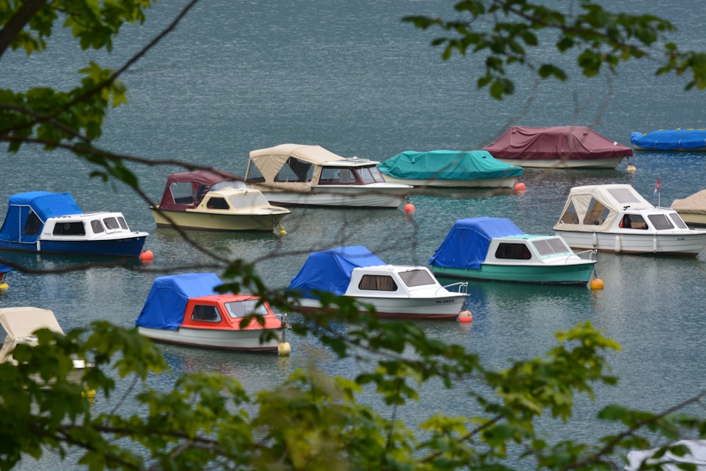 a group of small boats floating on top of a lake