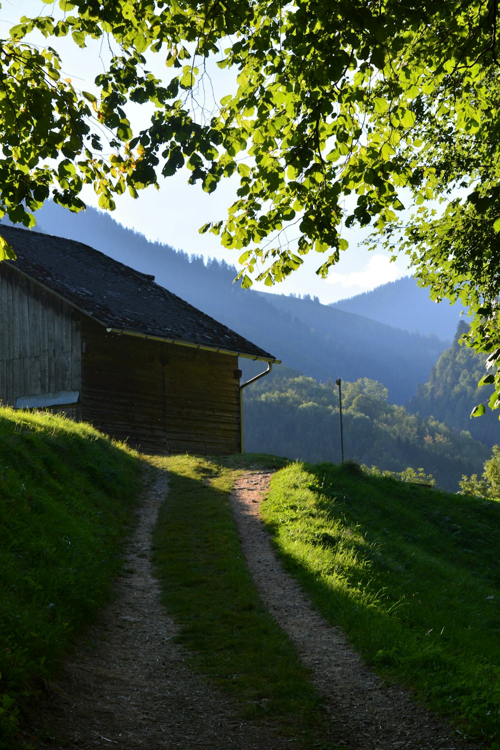 a path leading to a small cabin on a hill