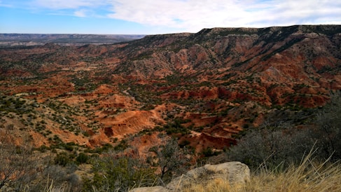a scenic view of a valley with a mountain in the background