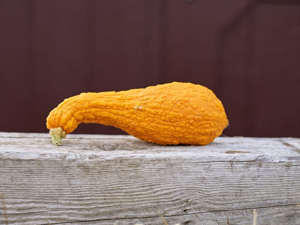 a yellow gourd sitting on top of a wooden fence