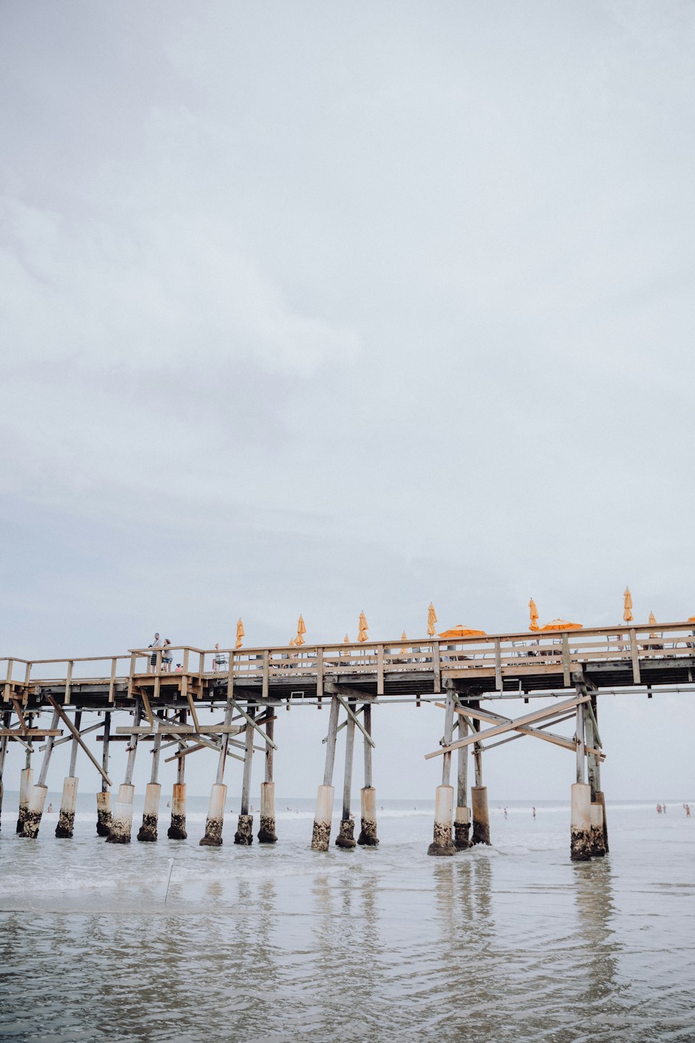 a pier with a train going over it on a cloudy day