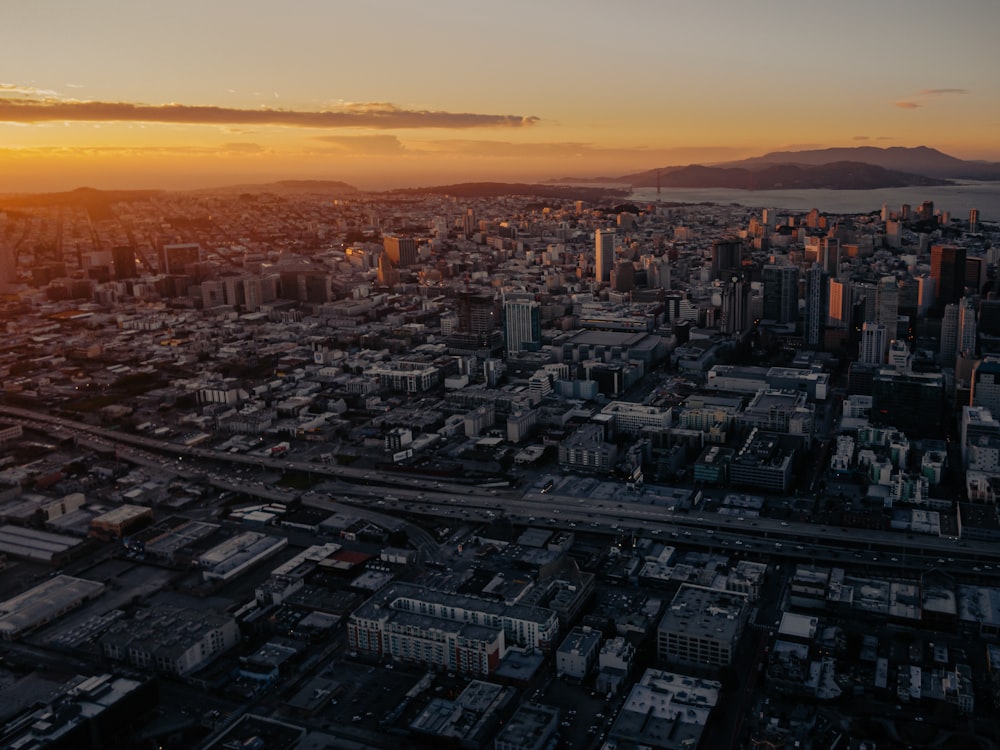 aerial view of city during sunset