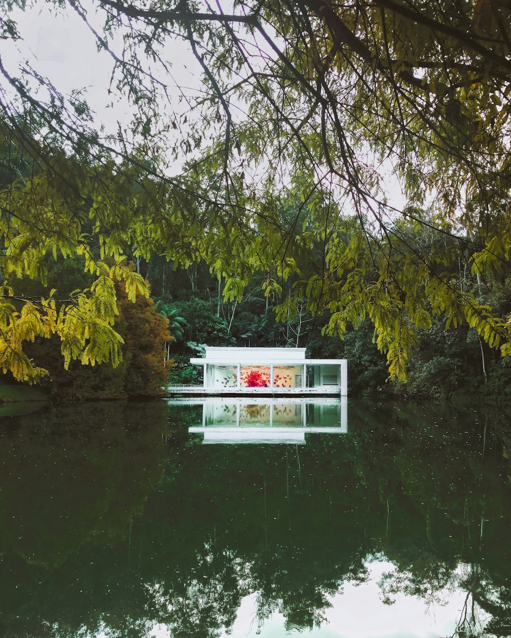 white and red wooden house near green trees and river during daytime