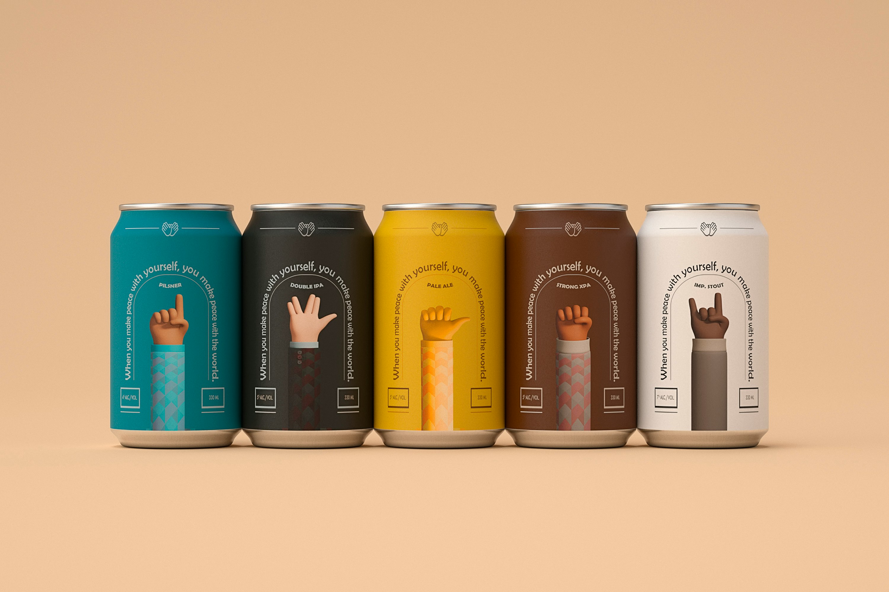 Make Peace is a hypothetical line of conceptual craft beers dedicated to Human tolerance. This project is a message of love and unity, a stretched-out hand to a global culture of tolerance, equality and anti-discrimination. Every day, each and every one of us can stand up against racial prejudice and intolerant attitudes. These cans have been designed by french creative agency Studio Blackthorns. This project is a part of its 366 Cans Challenge for the year 2020.