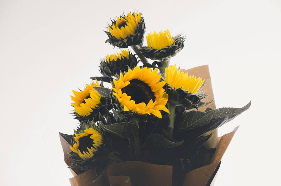 yellow sunflower bouquet on brown paper bag
