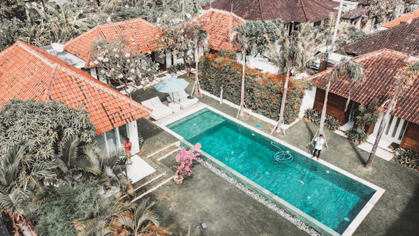 Aerial view of a villa and pool in Sanur