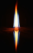 a flame is reflected in the water on a black background