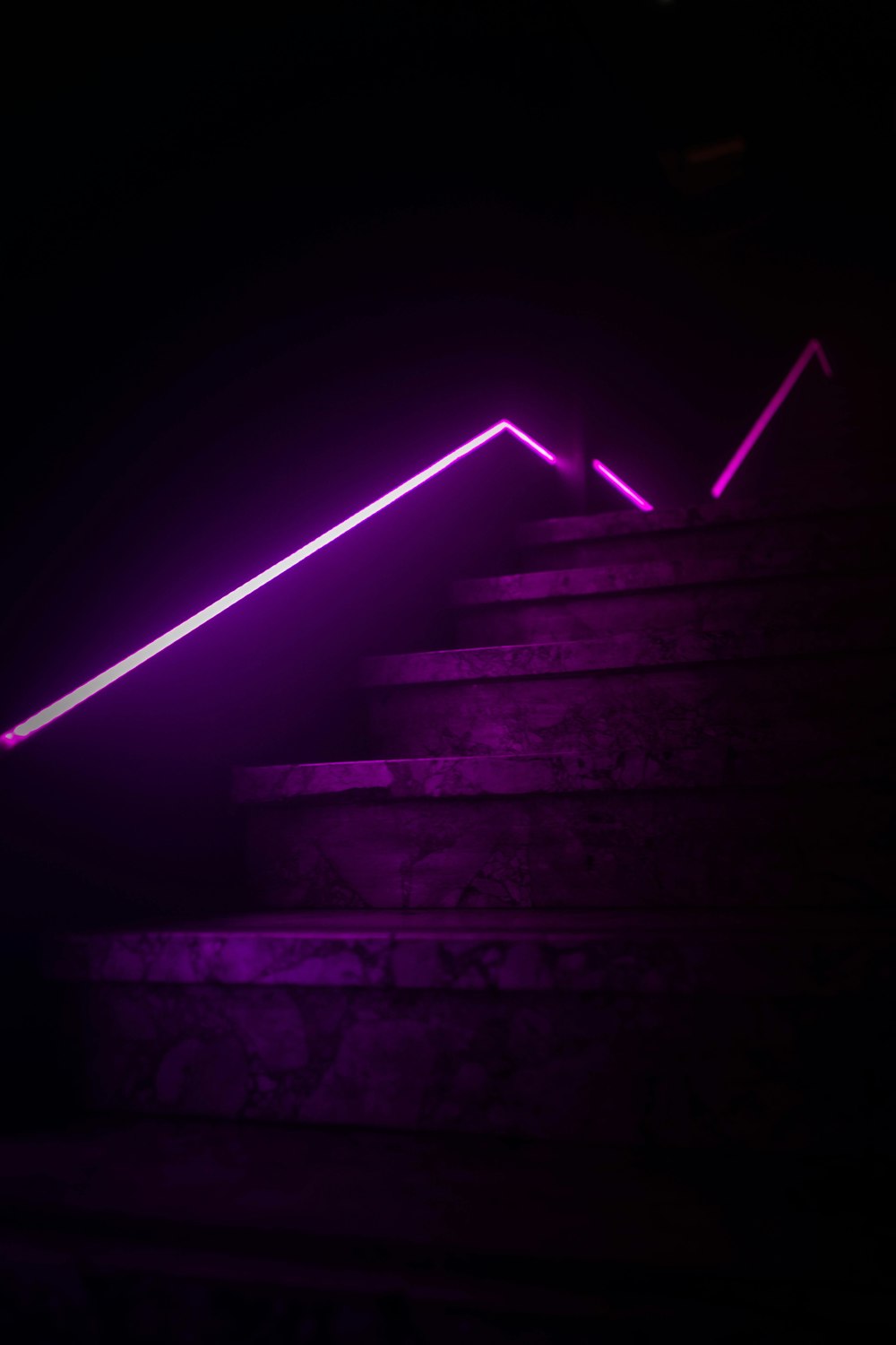 purple light on black staircase