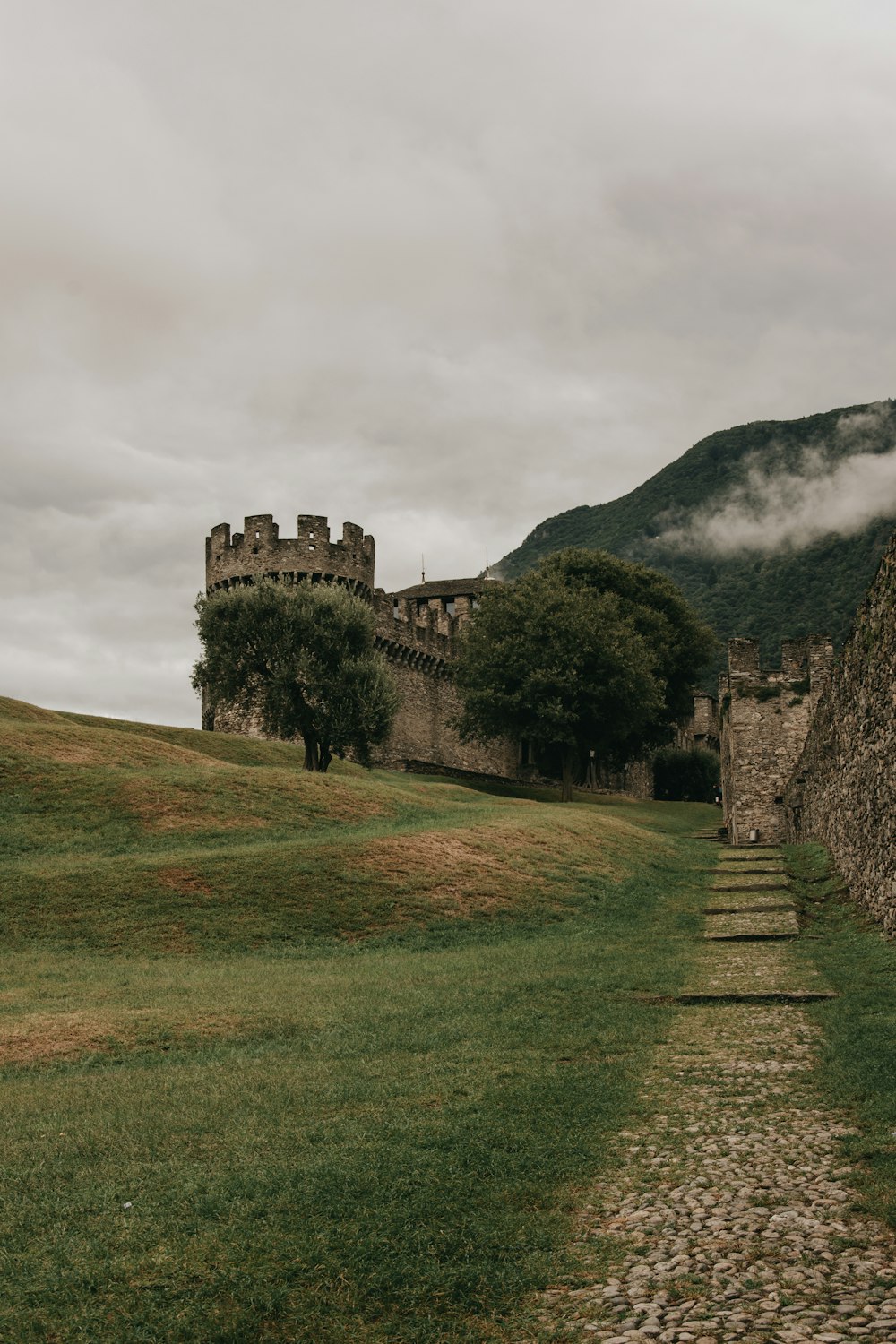 brown concrete castle on green grass field near mountain under white clouds during daytime