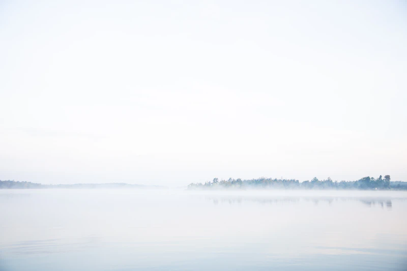 A still, misty lake at dawn