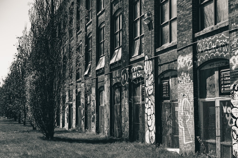 grayscale photo of bare trees in front of brick building