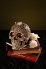 white and brown skull ceramic figurine