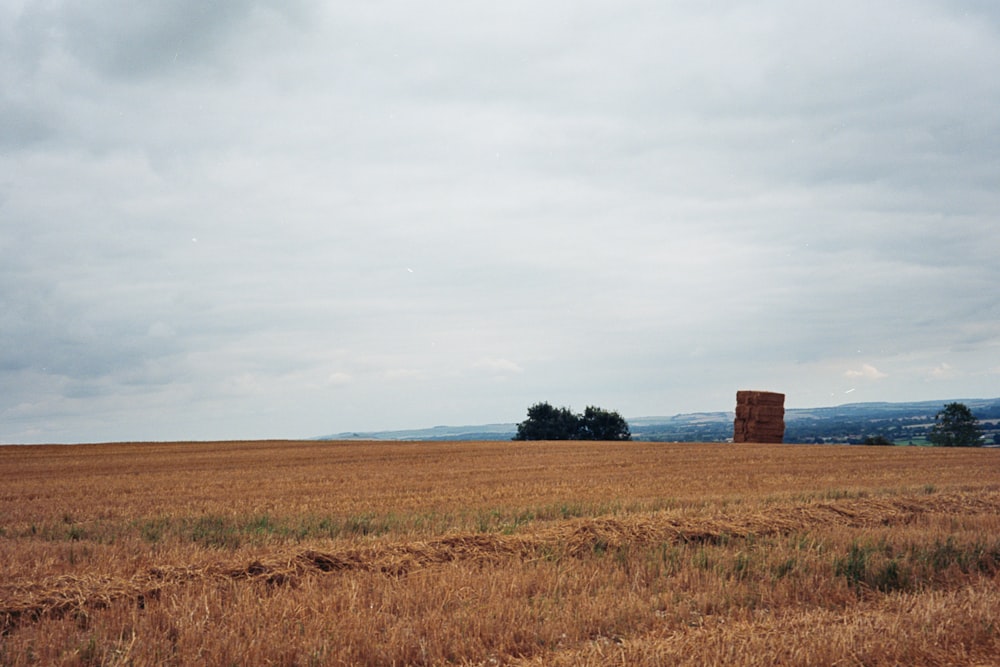 a field with a hay bail in the middle of it